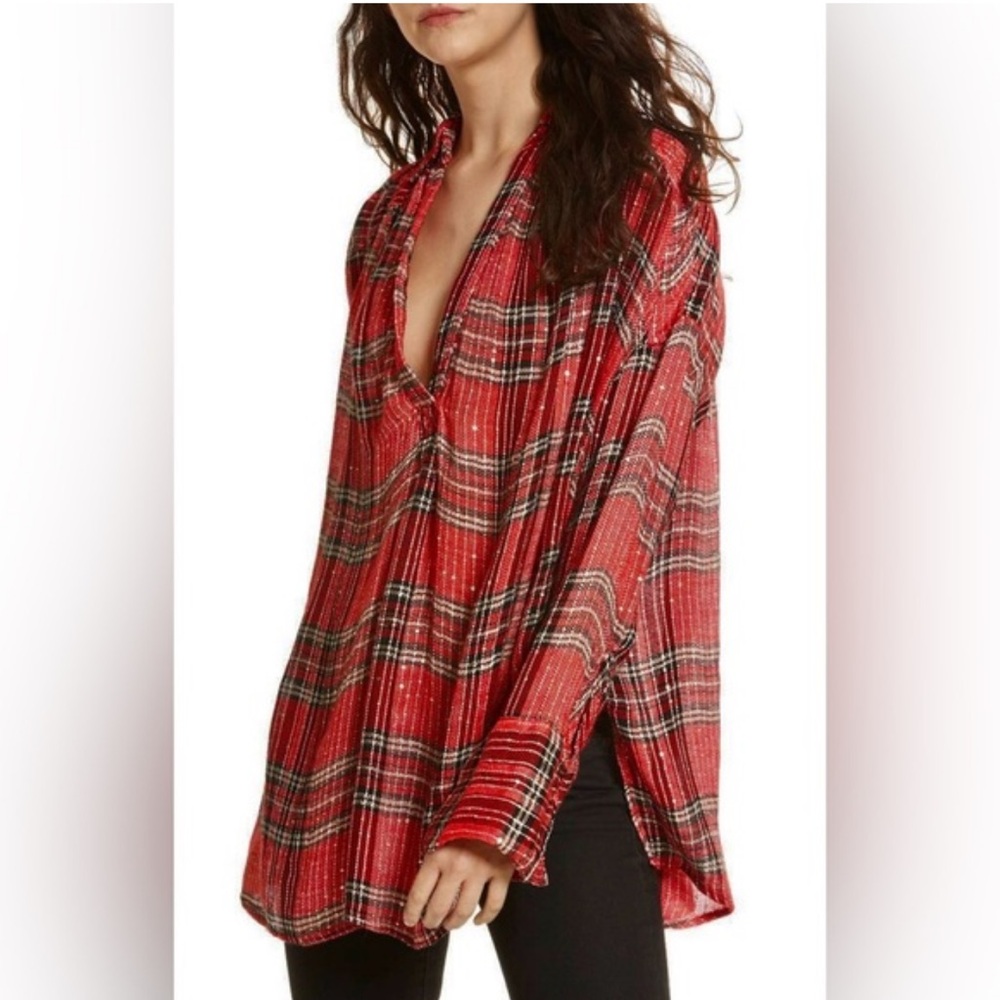 Free People Red Fearless Love Sequin Plaid Festive Tunic Top Size S